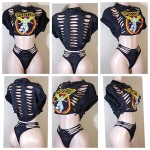 Led Zeppelin Black Custom  Shredded Graphic Crop Top
